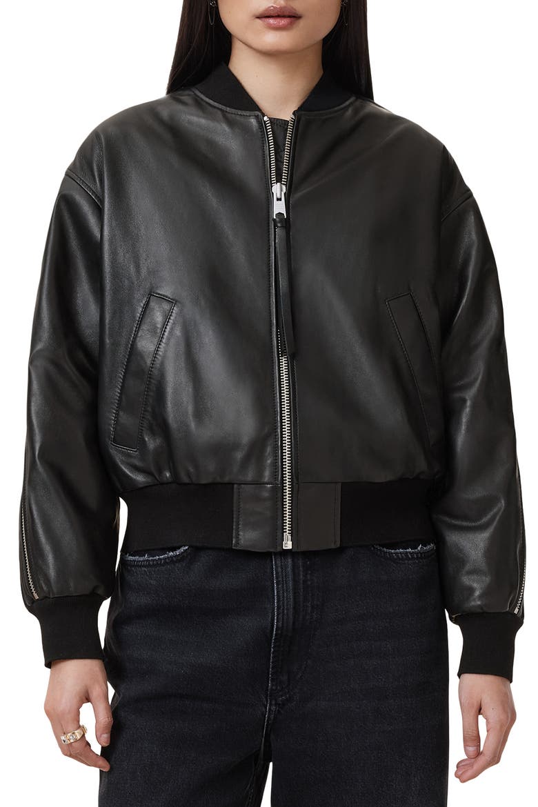 Zenith Leather Bomber Jacket, Main, color, BLACK