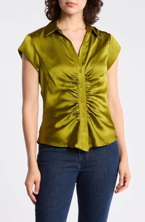 Ruched Satin Button-Front Cap Sleeve Blouse