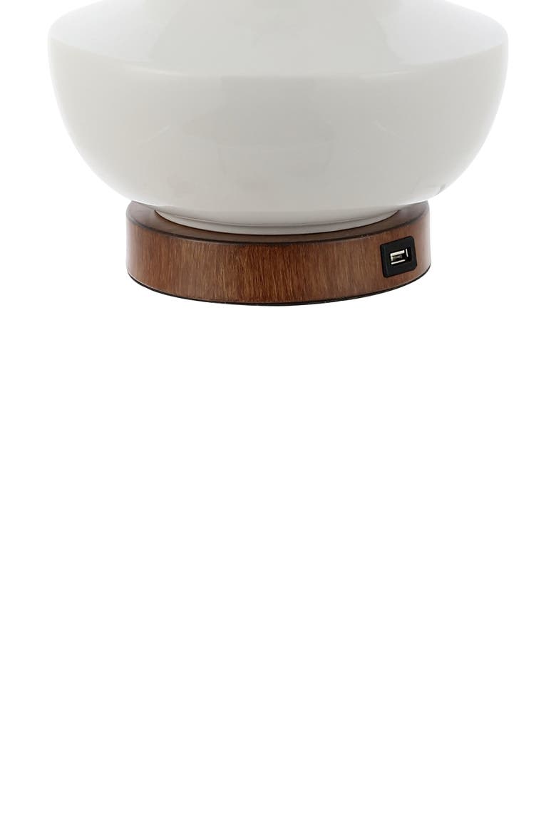 Finn 23" Vintage Minimalist Iron/Ceramic LED Mini Table Lamp with USB Charging Port, Wood Finished/White, Alternate, color, White/Brown Wood Finish