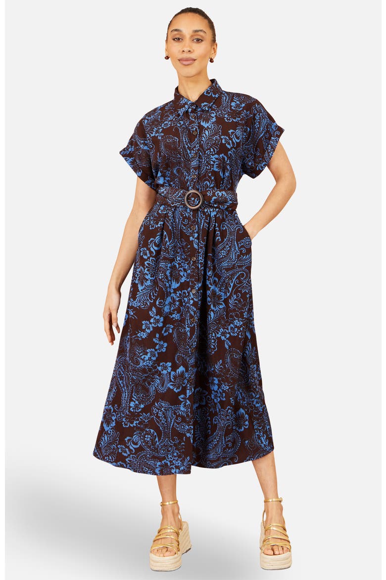 Paisley Belted Midi Shirt Dress, Main, color, Brown