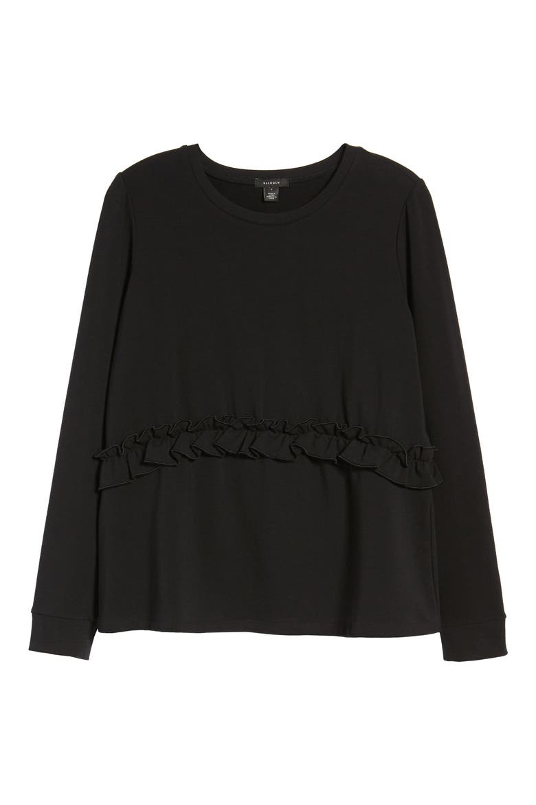 Ruffle Sweatshirt, Alternate, color, BLACK