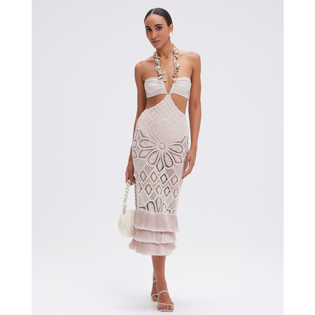 Patbo Flower Crochet Embroidered Midi Dress In Beige