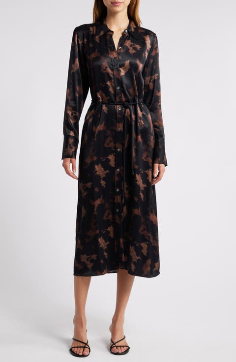 Anina Drawstring Waist Long Sleeve Satin Midi Shirtdress