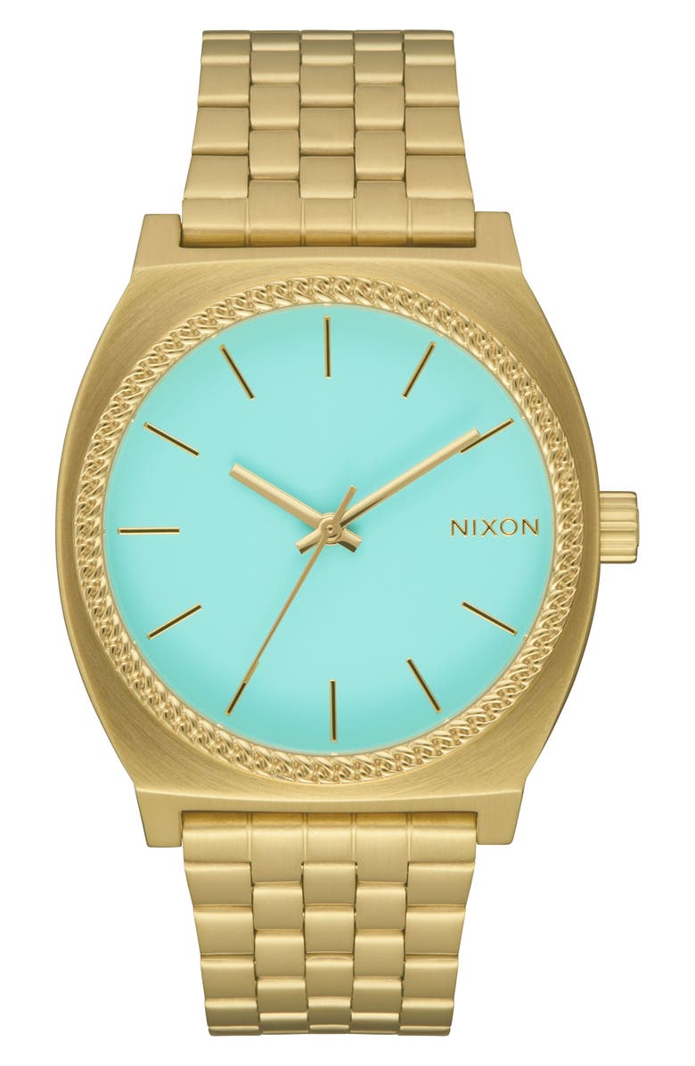 Nixon The Time Teller Turquiose Dial Goldtone Bracelet Watch, 36mm, Main, color, Gold / Turquoise / Gold