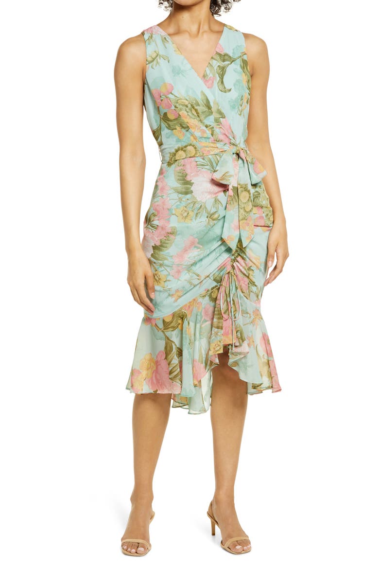 Floral Wrap Front Sleeveless Dress, Main, color, MINT MULTI