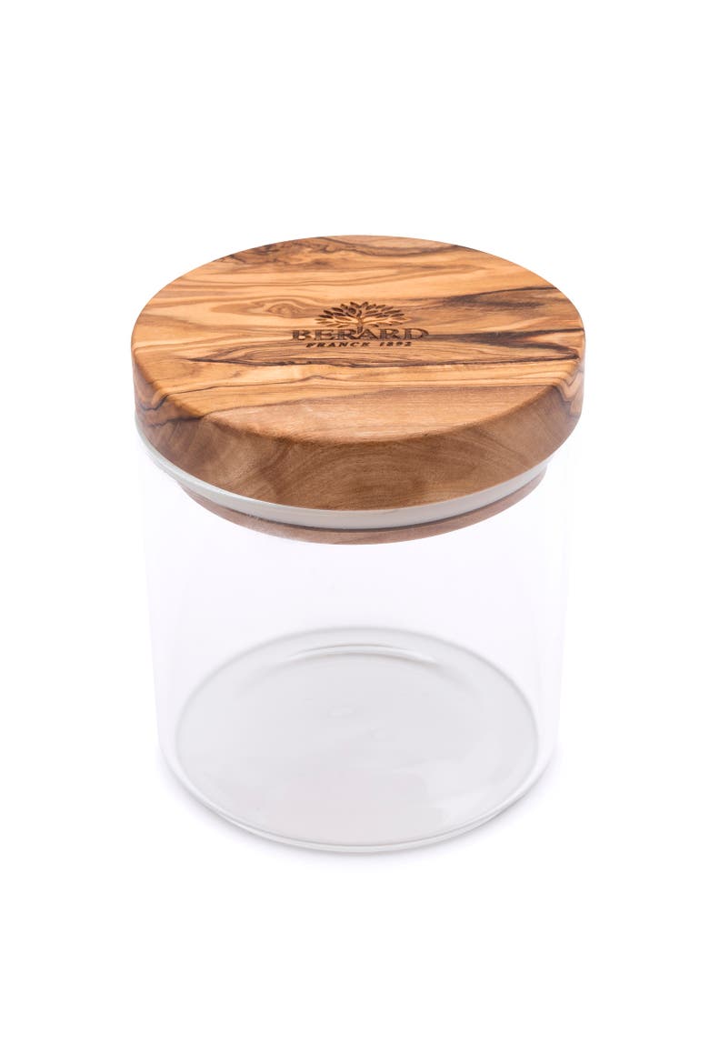 Glass Storage Jar With Olive Wood Lid, 13.5-ounce, Main, color, Brown