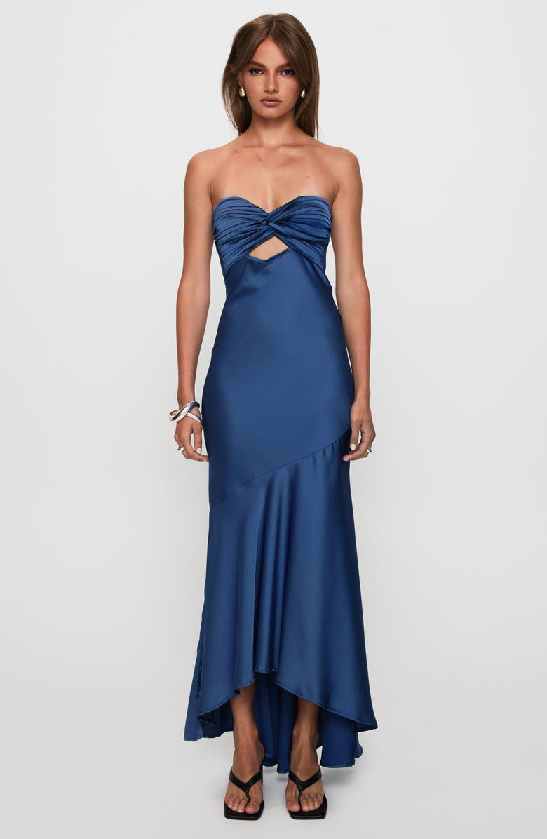 Princess Polly Stand a Chance Twist Detail Strapless Satin Gown, Alternate, color, Navy