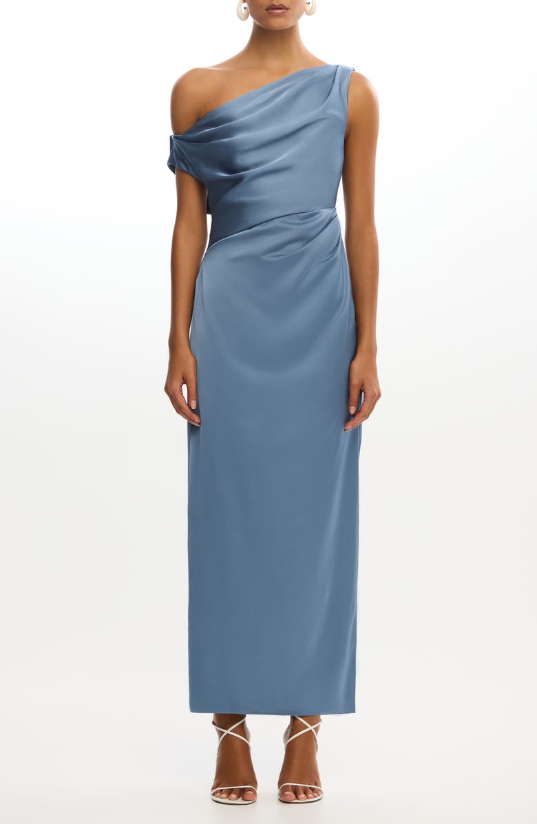 Significant Other Alyssa Pleated One-Shoulder Satin Gown, Main, color, Iron