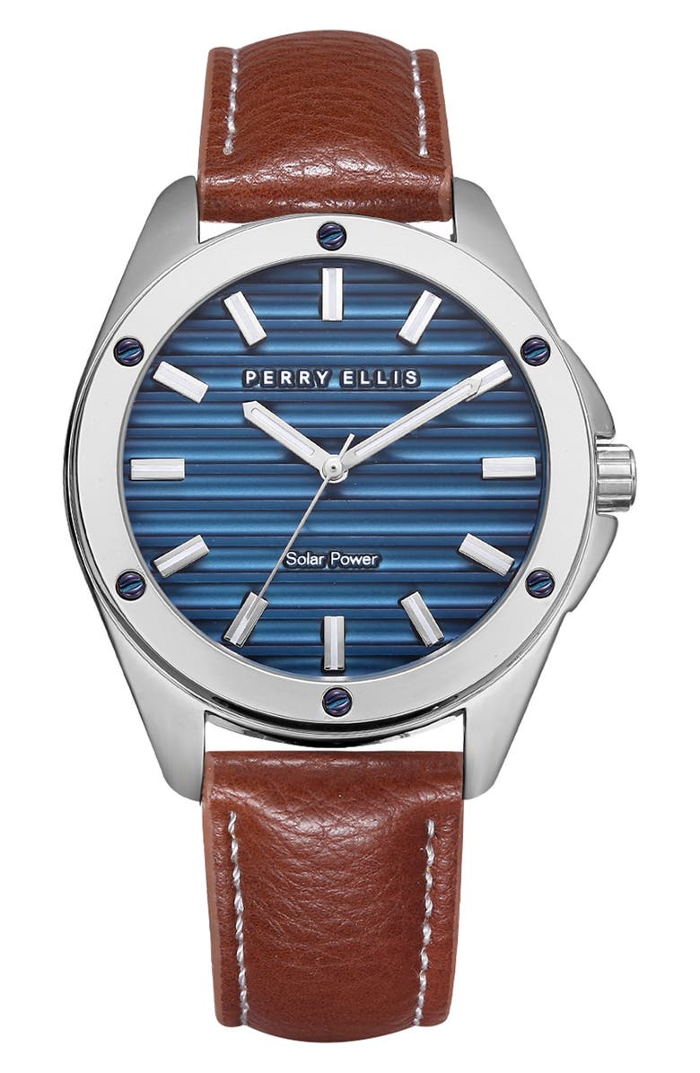 Perry Ellis Solar Leather Strap Watch, 41mm, Main, color, Silver