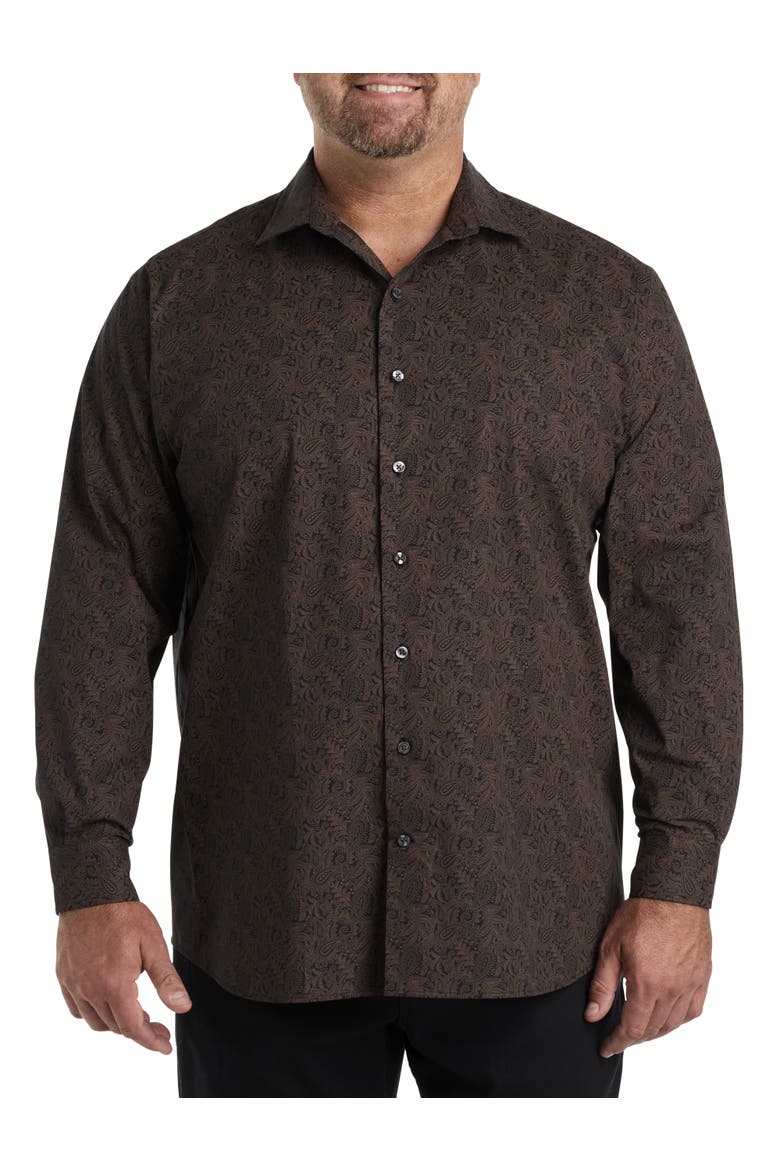 Big & Tall Paisley Print Sport Shirt, Alternate, color, BLACK BROWN