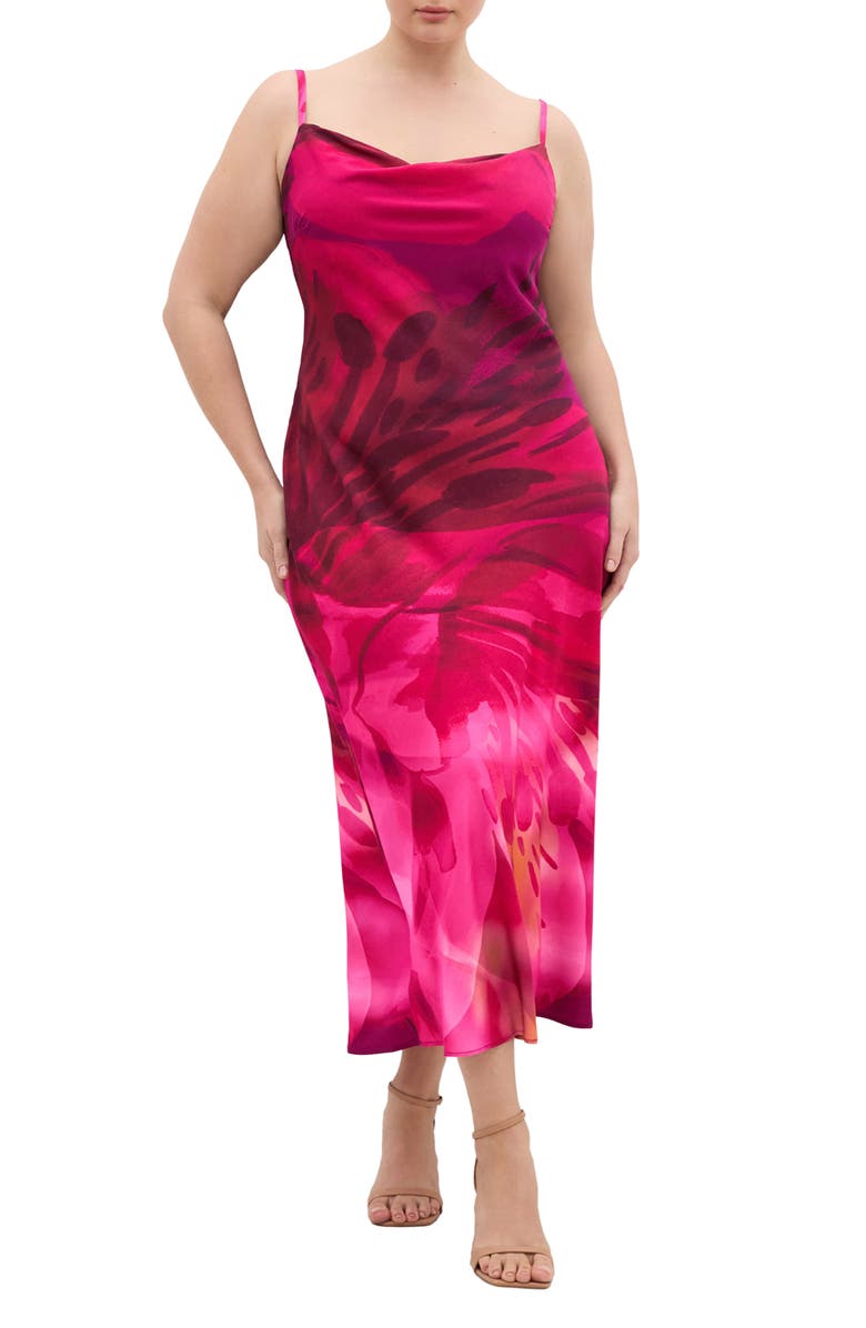 City Chic Sadie Print Cowl Neck Slipdress, Main, color, Raspberry Moment