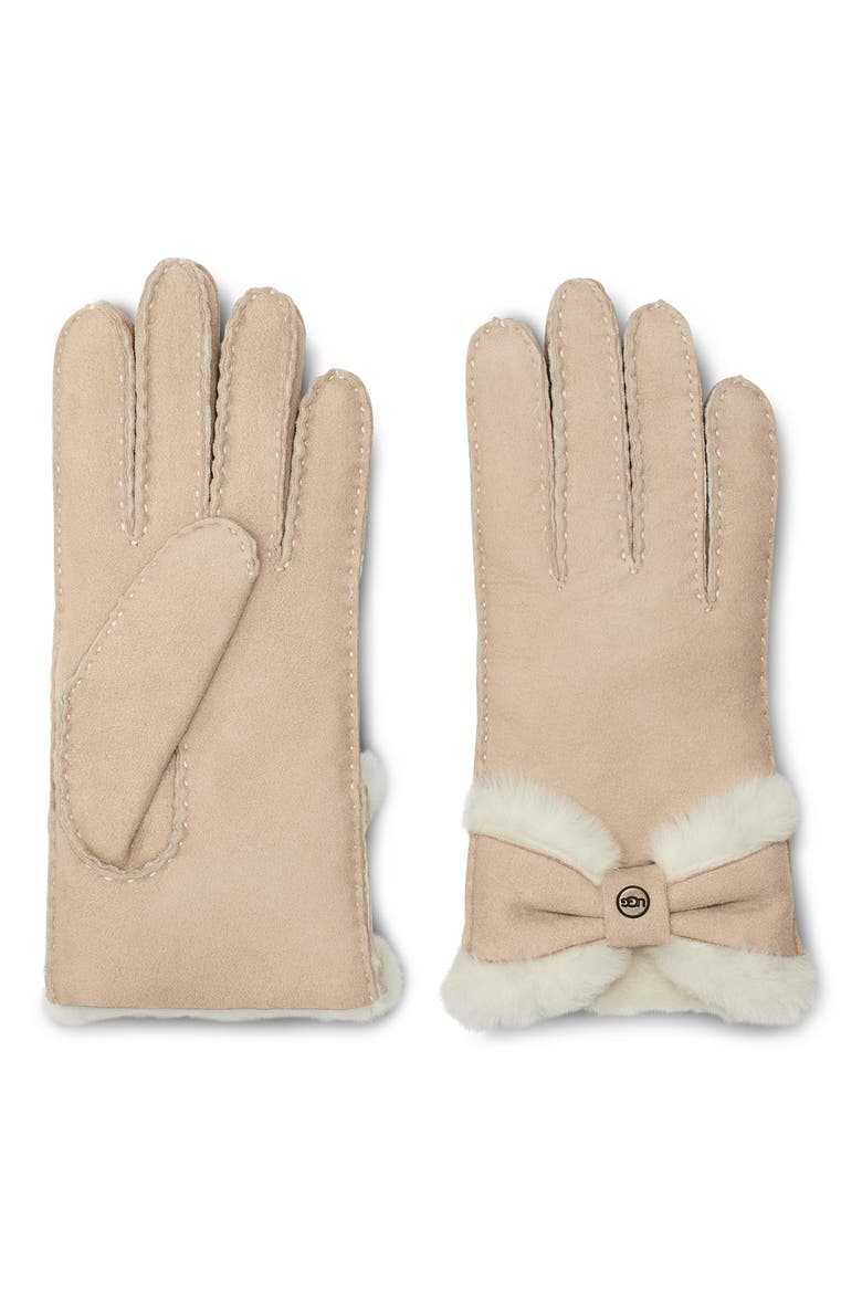 Bow Genuine Shearling Gloves, Main, color, SAND