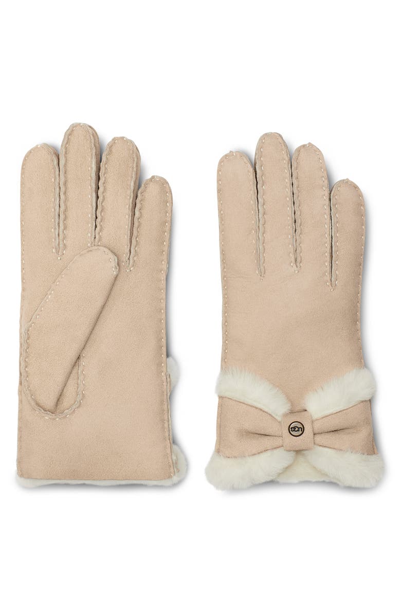 UGG<sup>®</sup> Bow Genuine Shearling Gloves, Main, color, Sand