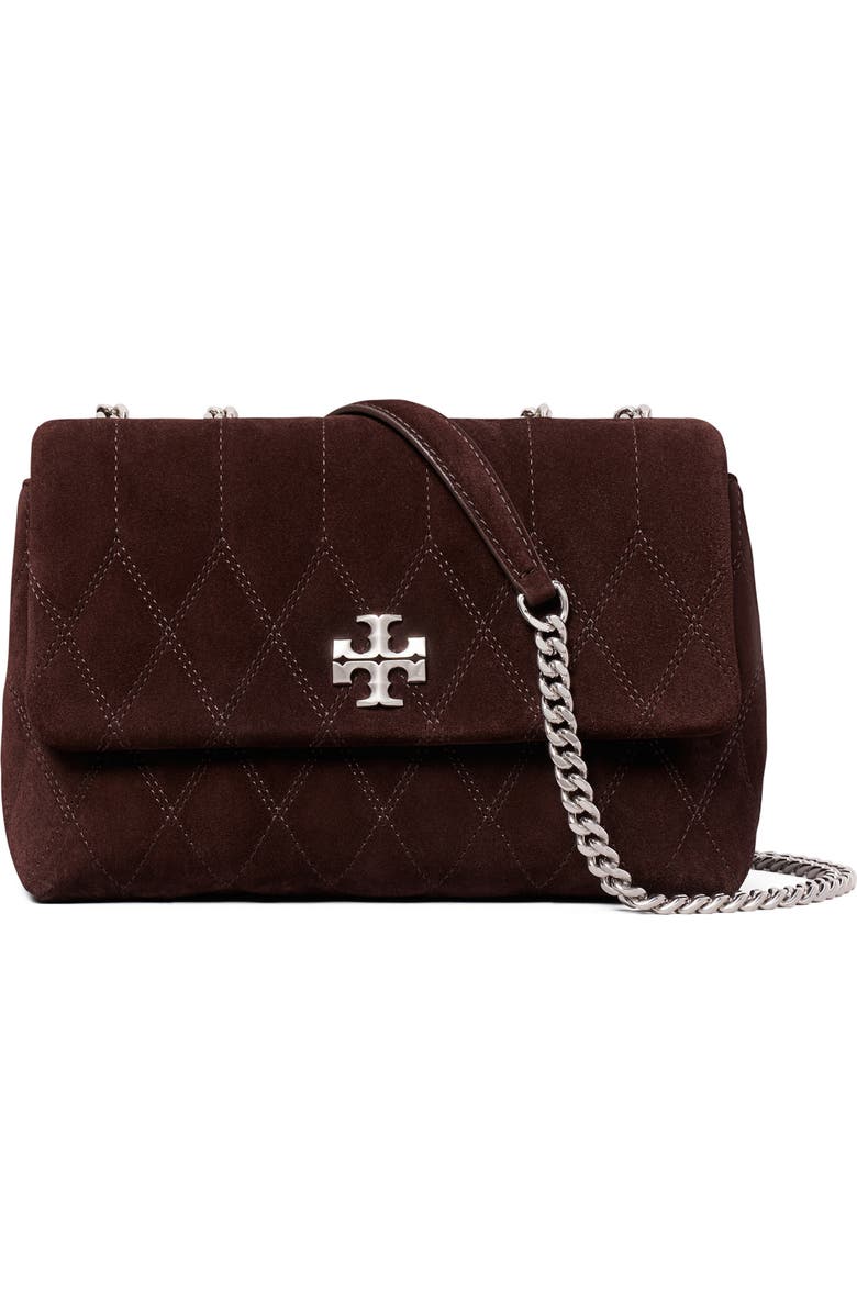 Tory Burch Small Kira Quilted Suede Converstible Shoulder Bag, Main, color, Licorice