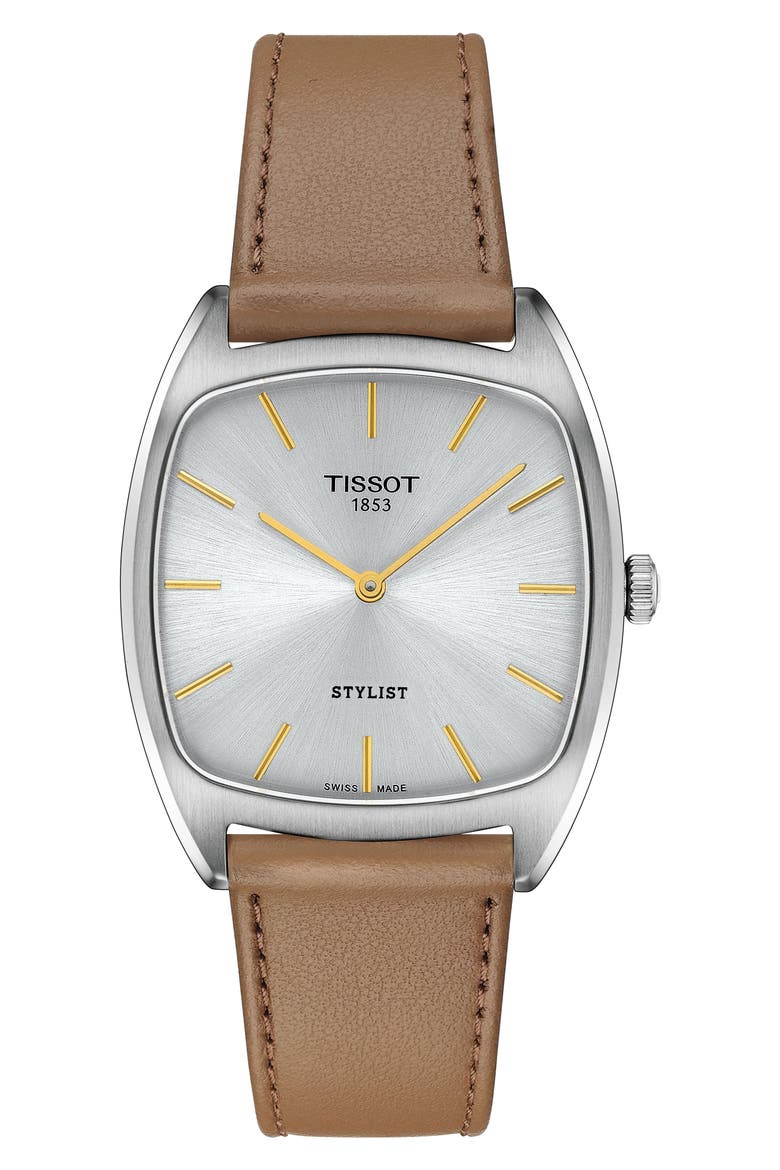 Stylist Leather Strap Watch, 32mm, Main, color, SILVER