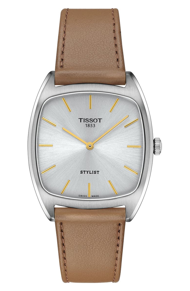 Tissot Stylist Leather Strap Watch, 32mm, Main, color, Silver