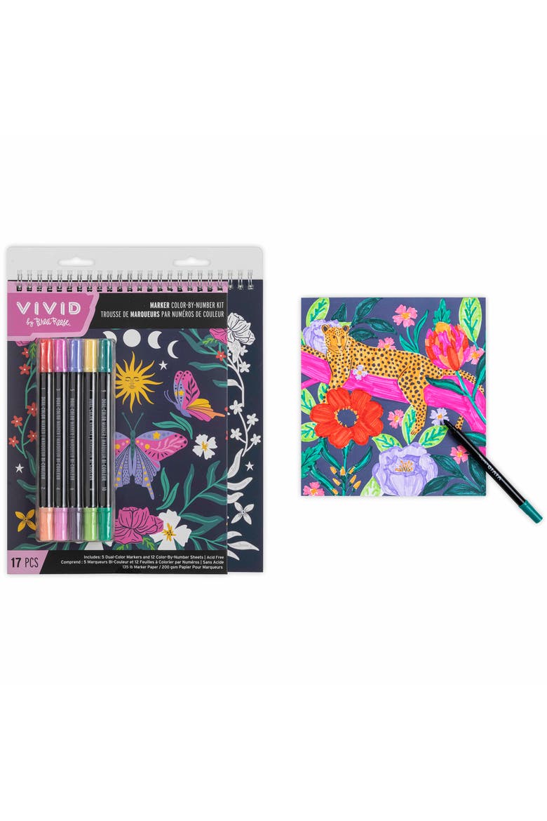 Vivid by Brea Reese Marker Color By Number Kit, Whimsical Botanicals, 5 Markers, Alternate, color, Multicolored