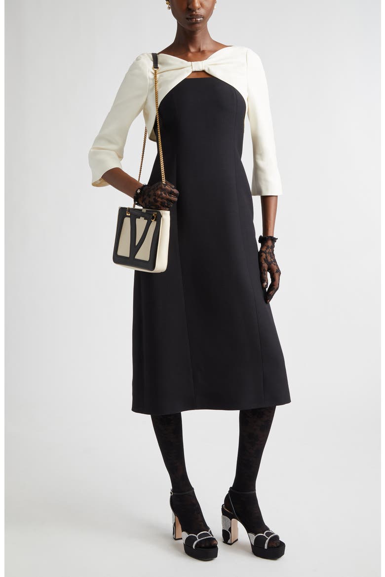 Bow Colorblock Crepe Couture Midi Dress, Alternate, color, BLACK/ IVORY