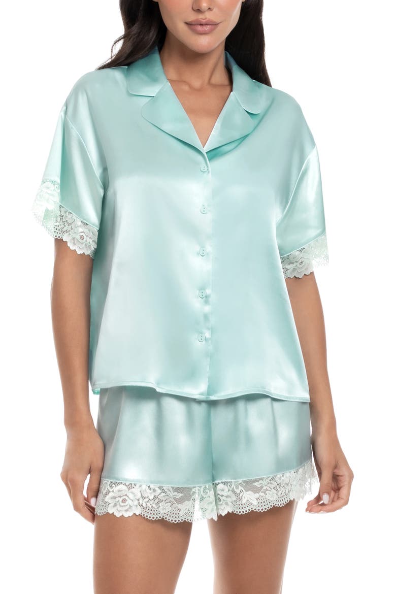 Lillie Lace Trim Satin Shorts Pajamas, Main, color, PALE TURQUOISE