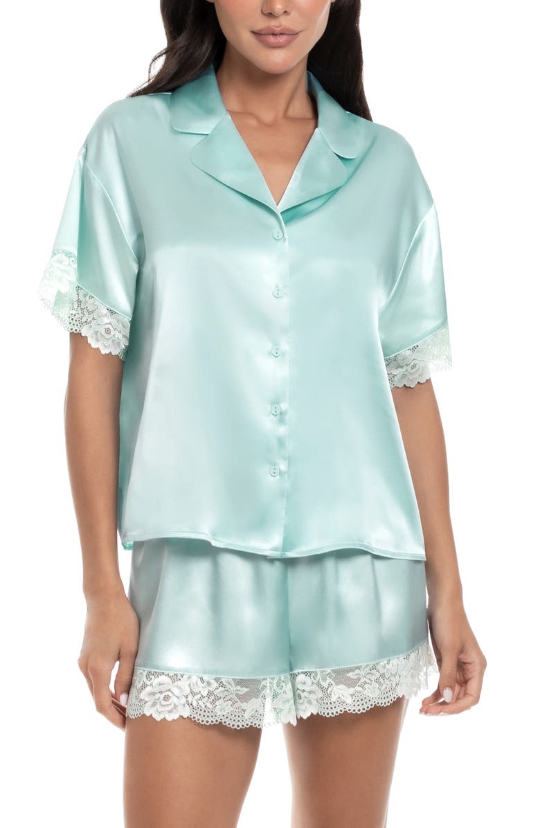 In Bloom by Jonquil Lillie Lace Trim Satin Shorts Pajamas, Main, color, Pale Turquoise