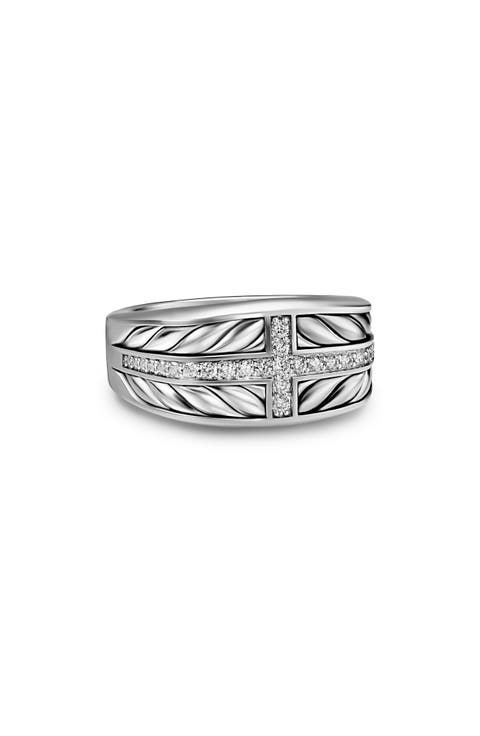 Chevron Three Sided Signet Ring, Sterling Silver with Diamonds, 12.5mm
