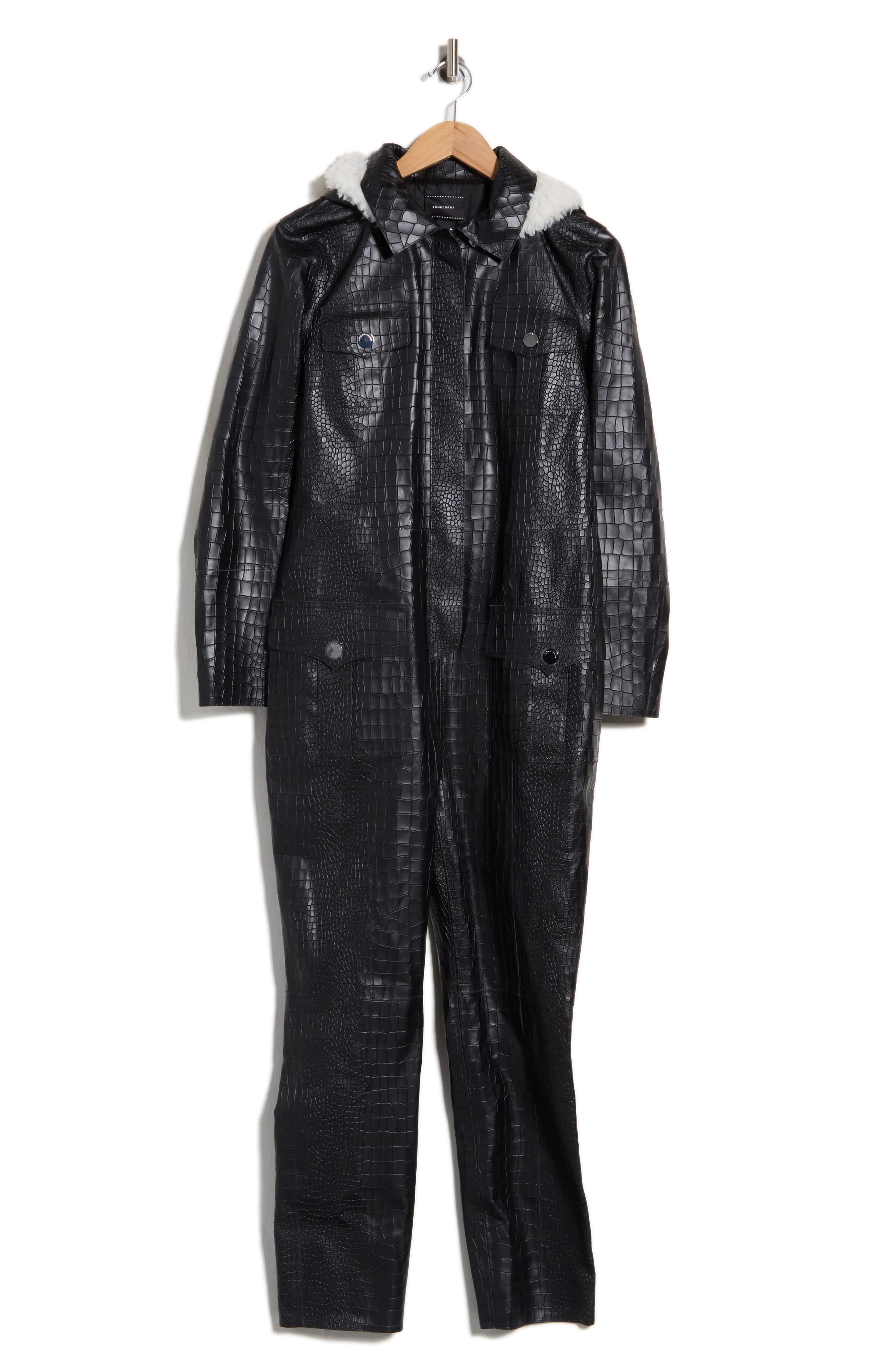 Croc Embossed Leather Trousers with Shearling Trim