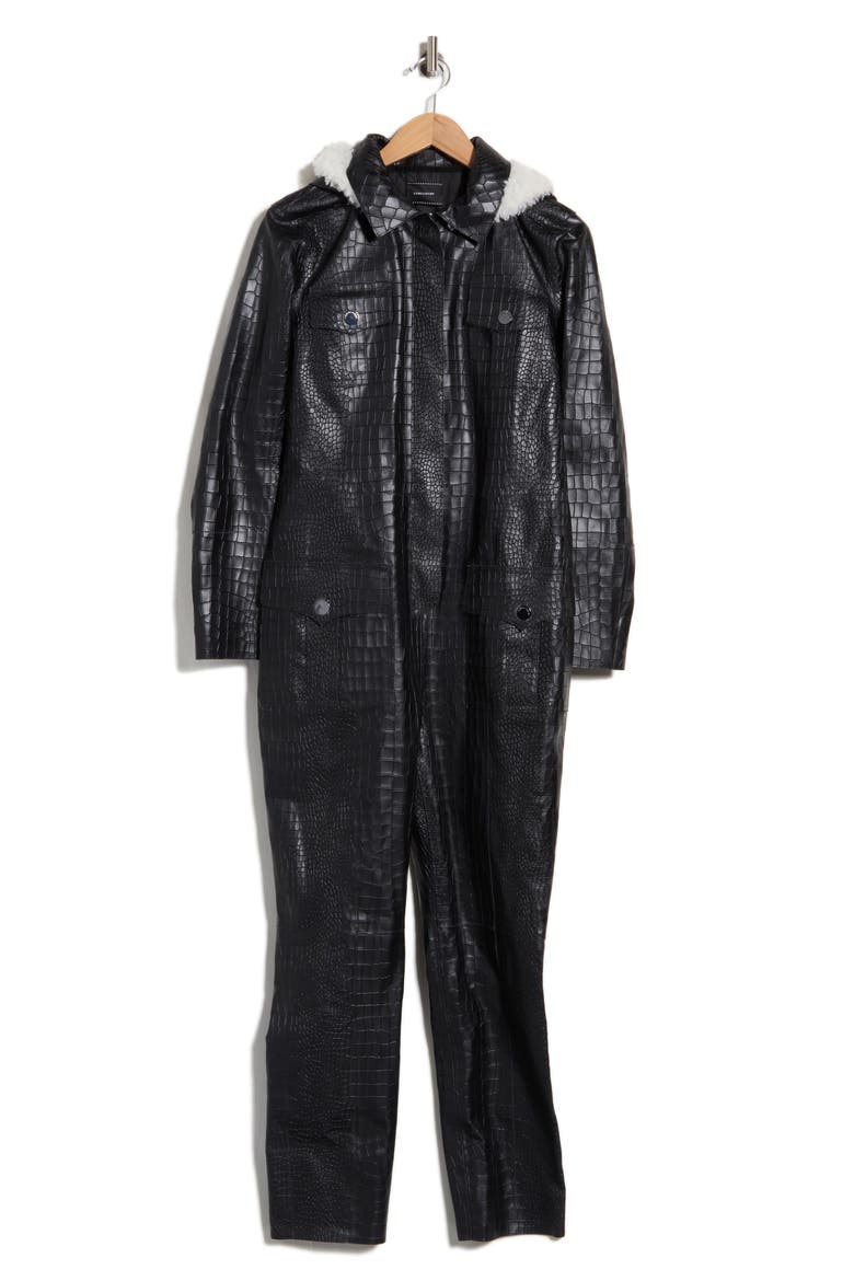 Croc Embossed Leather Trousers with Shearling Trim, Main, color, BLACK