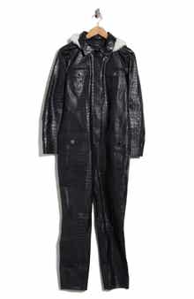 Croc Embossed Leather Trousers with Shearling Trim