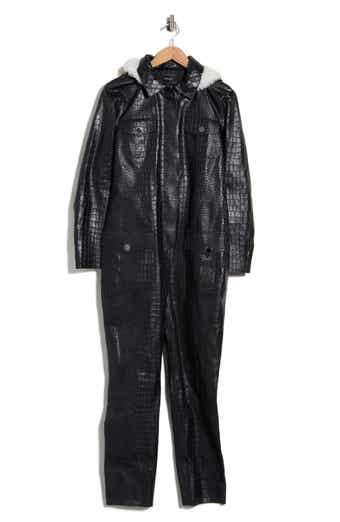 Croc Embossed Leather Trousers with Shearling Trim