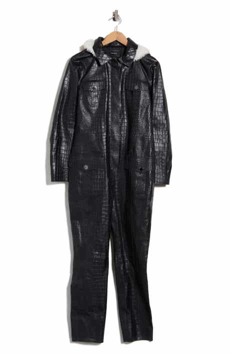 Croc Embossed Leather Trousers with Shearling Trim
