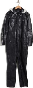 Longchamp Croc Embossed Leather Trousers with Shearling Trim