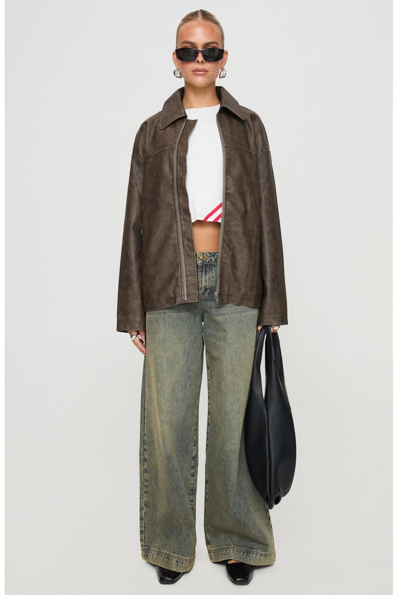 Oversize Zip Faux Leather Jacket, Alternate, color, BROWN