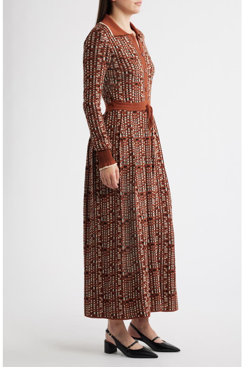 Tipped Long Sleeve Drawstring Waist Sweater Dress, Alternate, color, BROWN MULTI