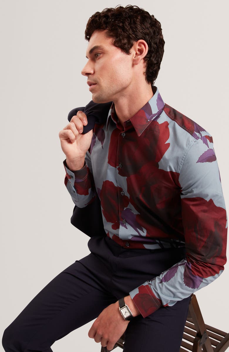 Ted Baker Quorik Floral Print Button-Up Shirt, Alternate, color, Navy