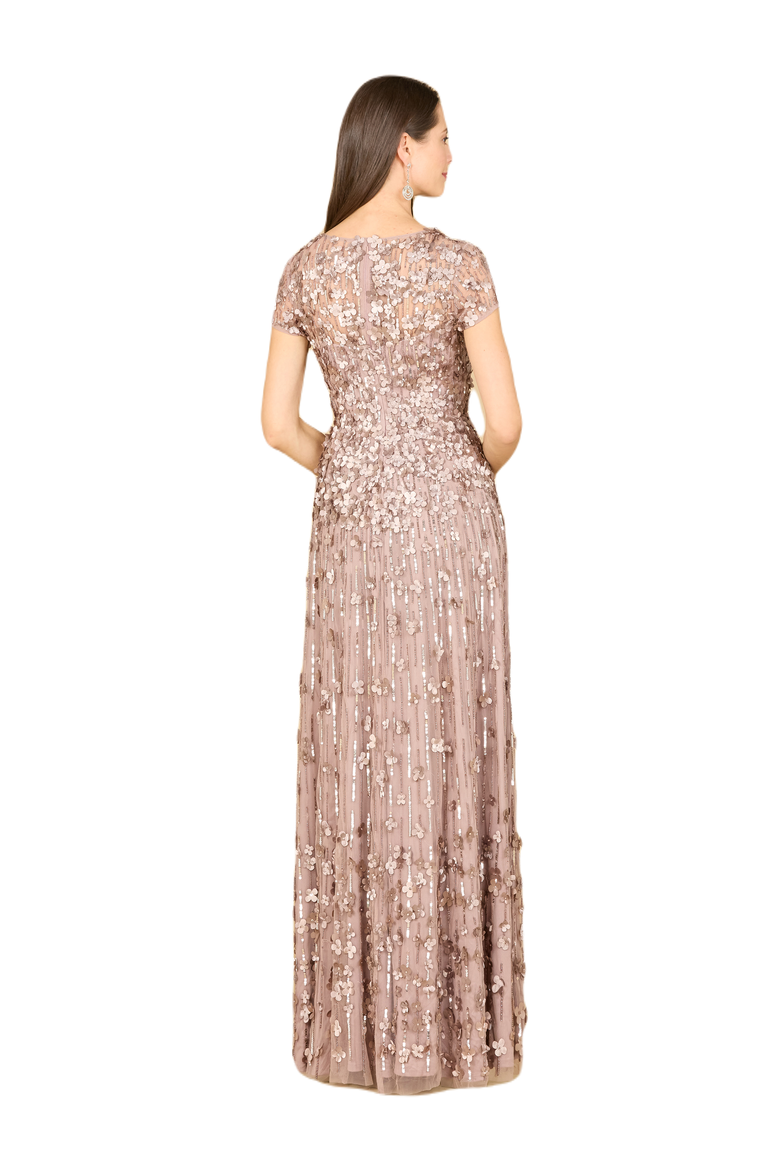 3D Floral Embellished Cap Sleeve Gown, Alternate, color, DarkTaupe
