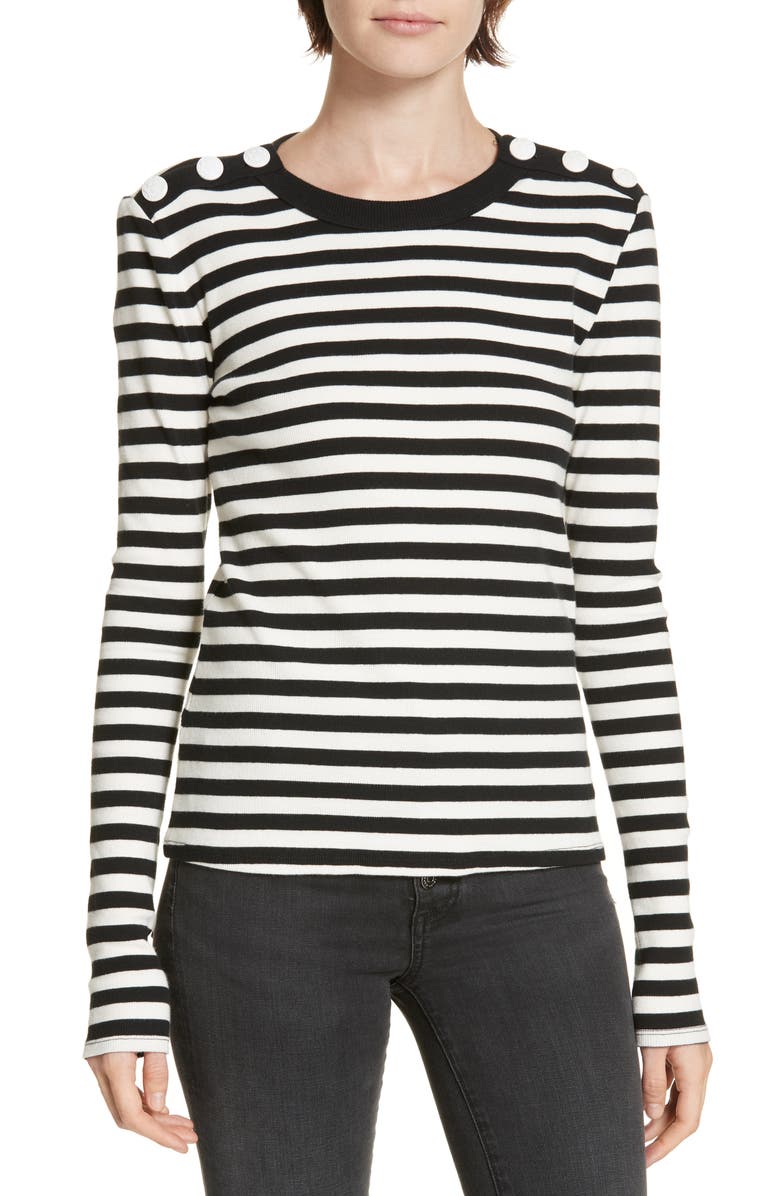 Veronica Beard Mayer Button Shoulder Stripe Top, Main, color,