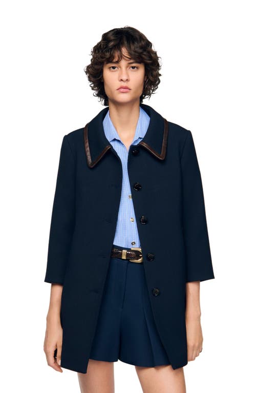 Sandro Coat With Leather Stripes In Blue