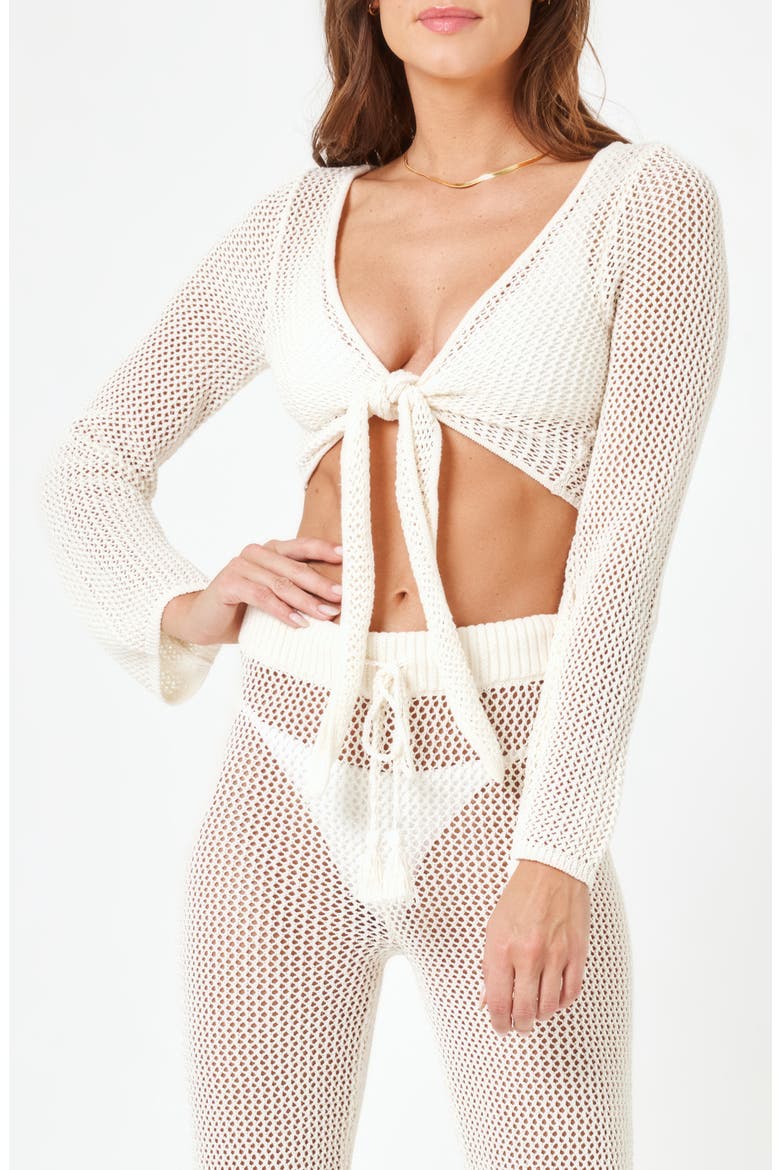 Los Cabos Open Stitch Cover-Up Crop Top, Main, color, CREAM
