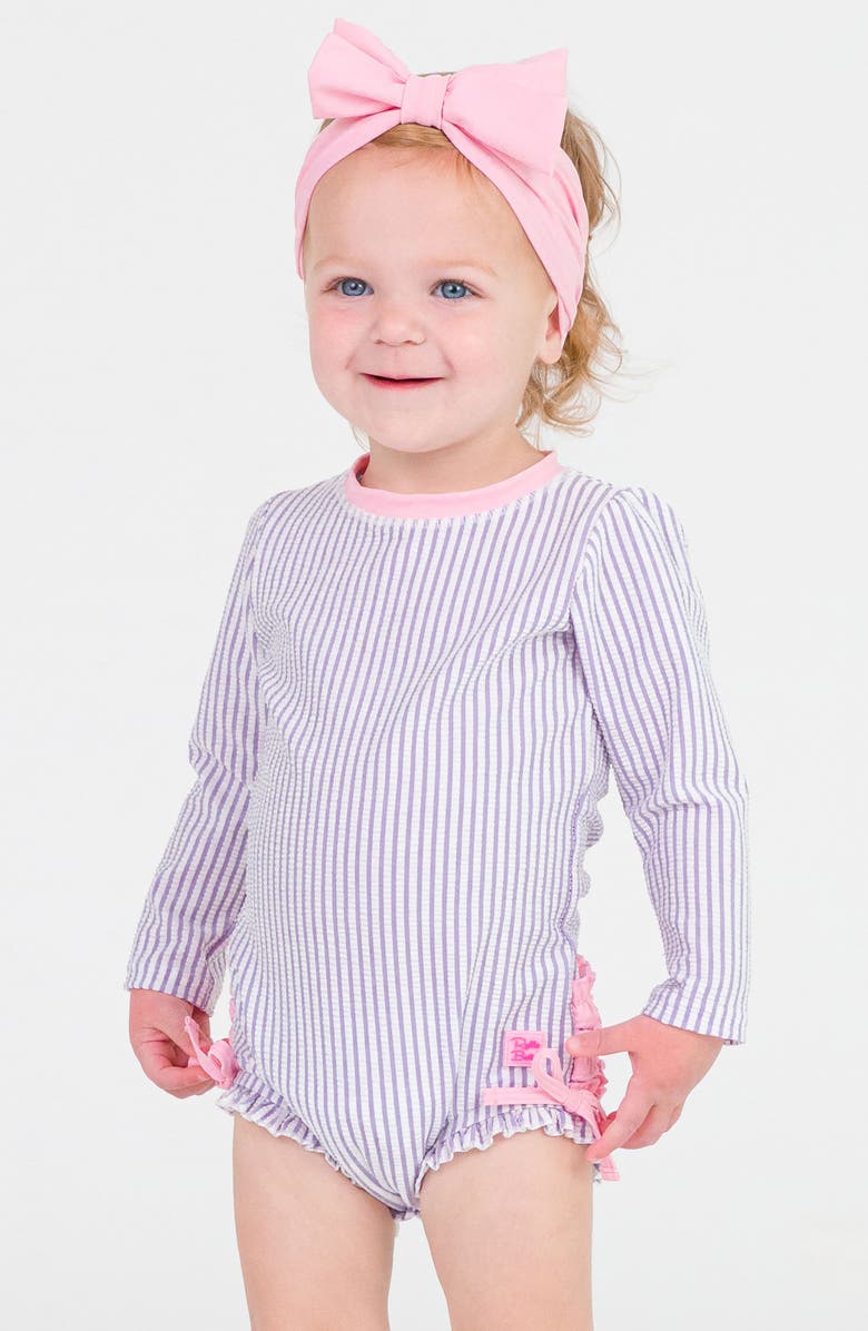 RuffleButts Seersucker Long Sleeve One-Piece Rashguard Swimsuit & Hat Set, Alternate, color, 