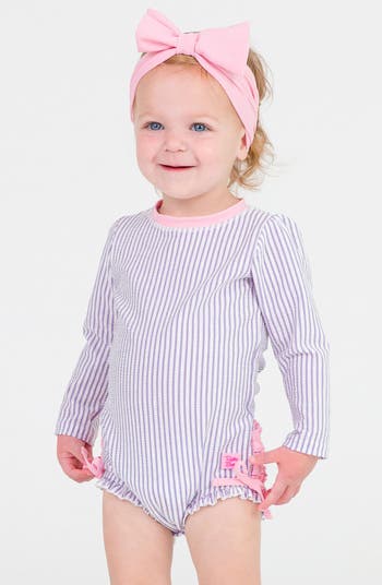 Seersucker Long Sleeve One-Piece Rashguard Swimsuit & Hat Set