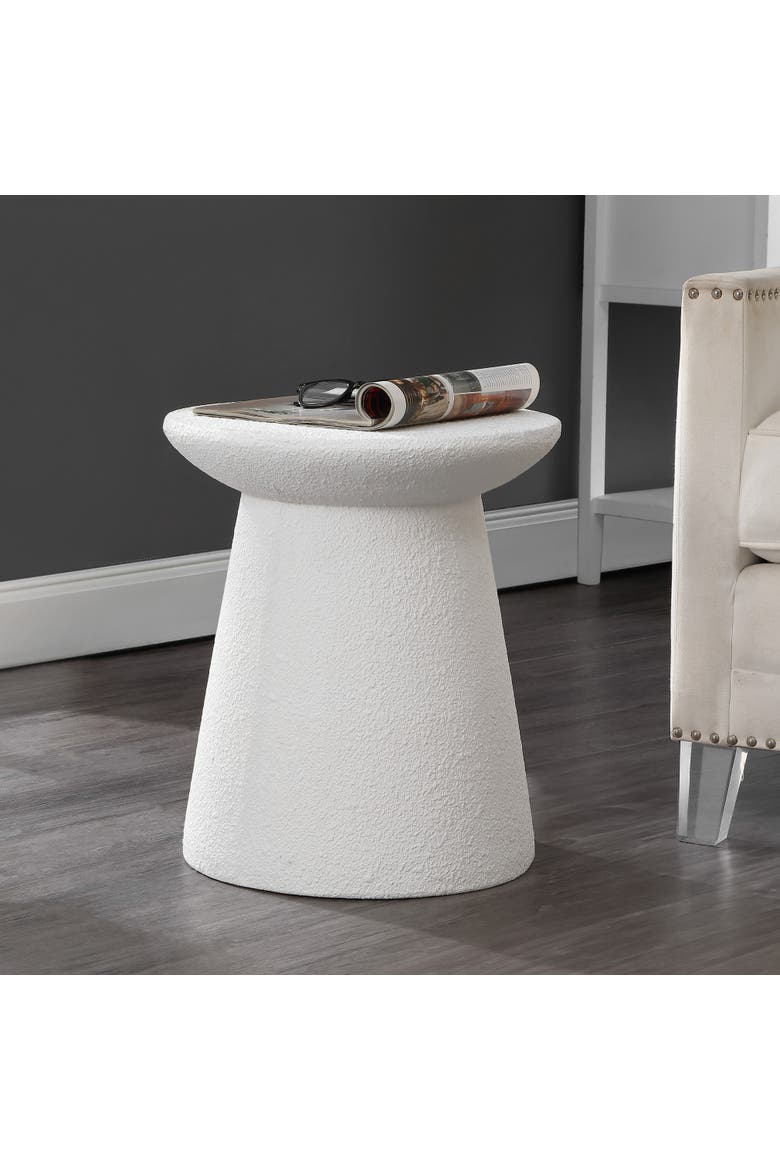 Hollie Minimalist Frosted Polyresin Indoor/Outdoor Accent Table, All-Weather Textured Round Pedestal Side Table & Stool, Alternate, color, White Frosted