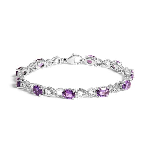 Silver Oval Purple Amethyst and Diamond Infinity Link Bracelet