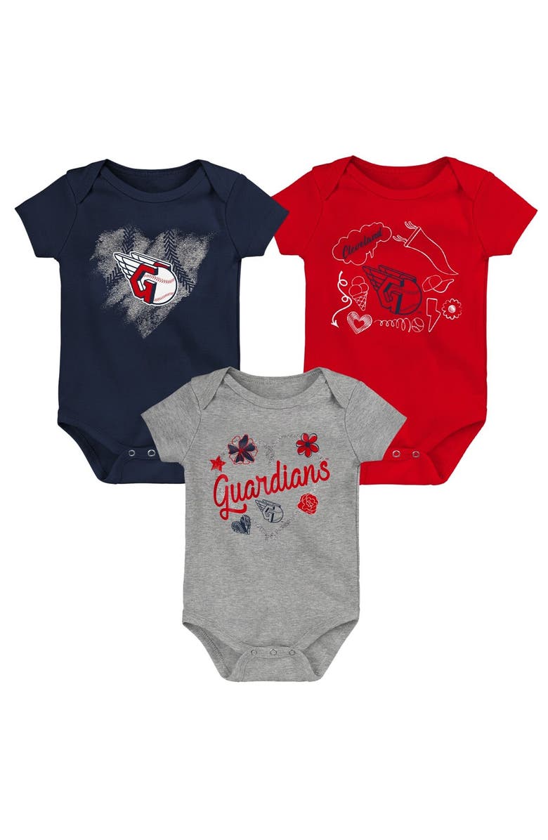 Outerstuff Infant Navy/Red/Gray Cleveland Guardians Batter Up 3-Pack Bodysuit Set, Alternate, color, Navy