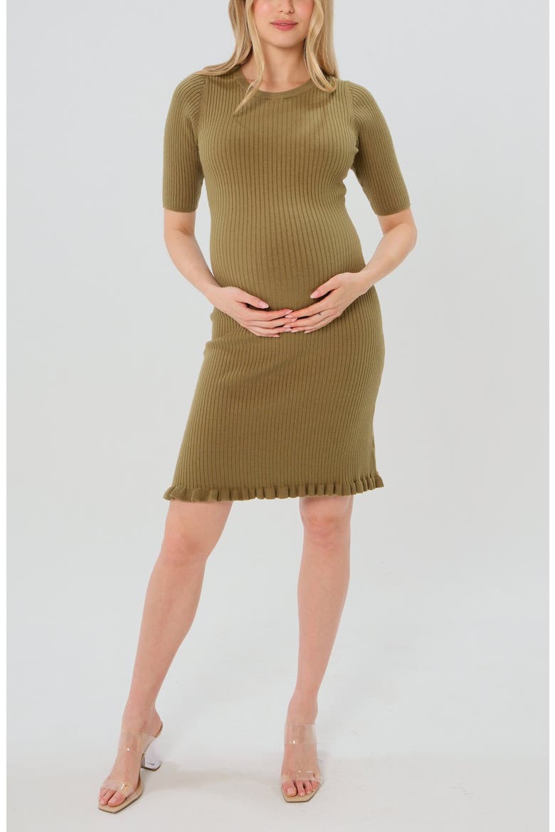 Women's Knee Length Olive Green Maternity Sweater Dress in Cotton Knit, Main, color, Olive Green