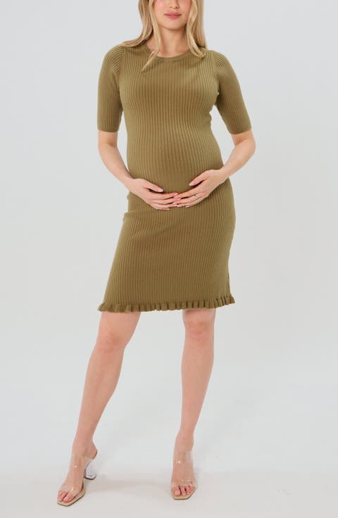 Women's Knee Length Olive Green Maternity Sweater Dress in Cotton Knit