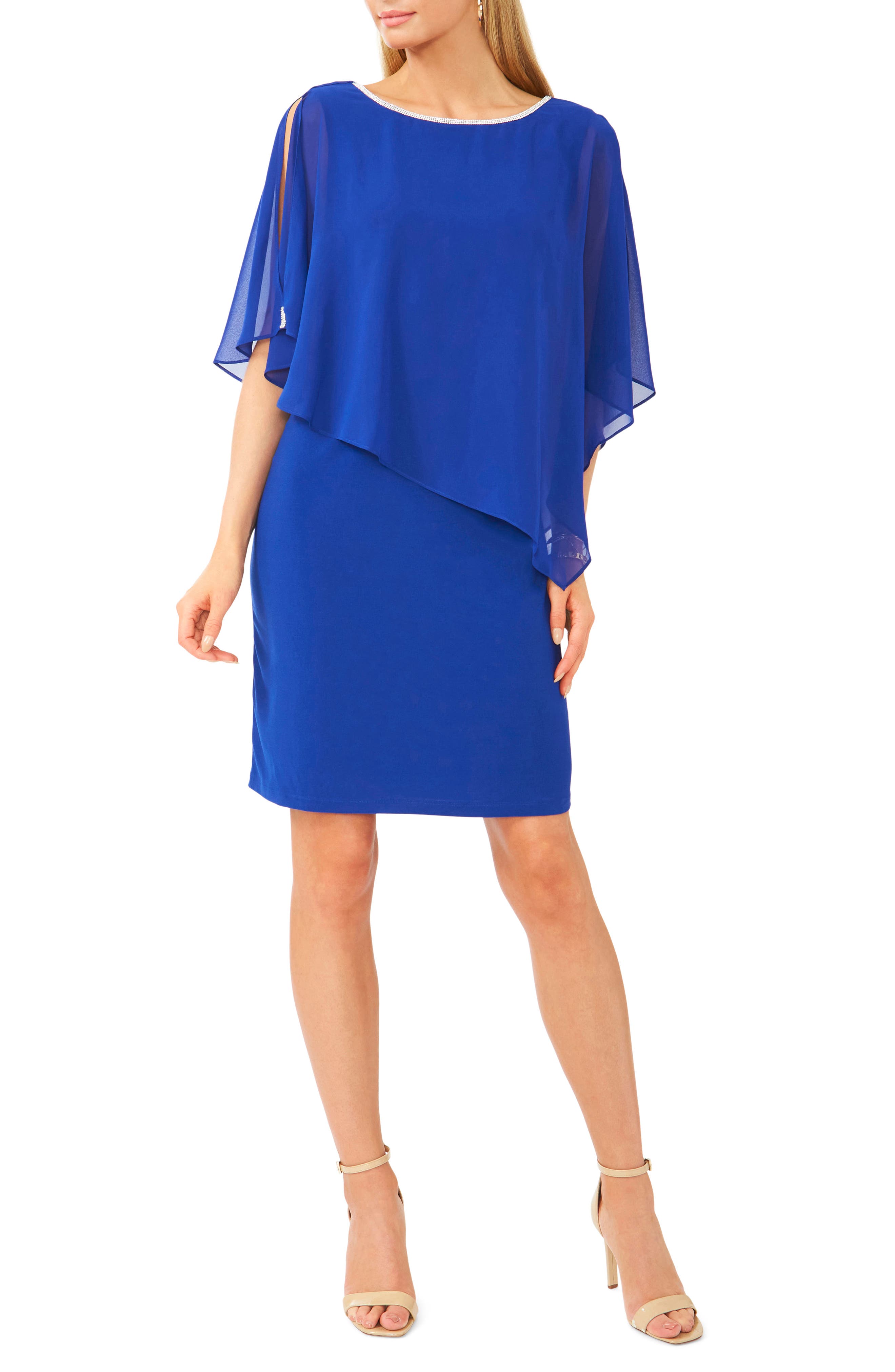 Rhinestone Trim Cape Overlay Dress
