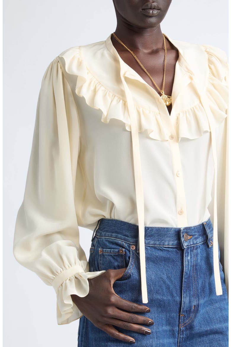 Ruffle Silk Crêpe de Chine Button-Up Shirt, Alternate, color, PRISTINE WHITE