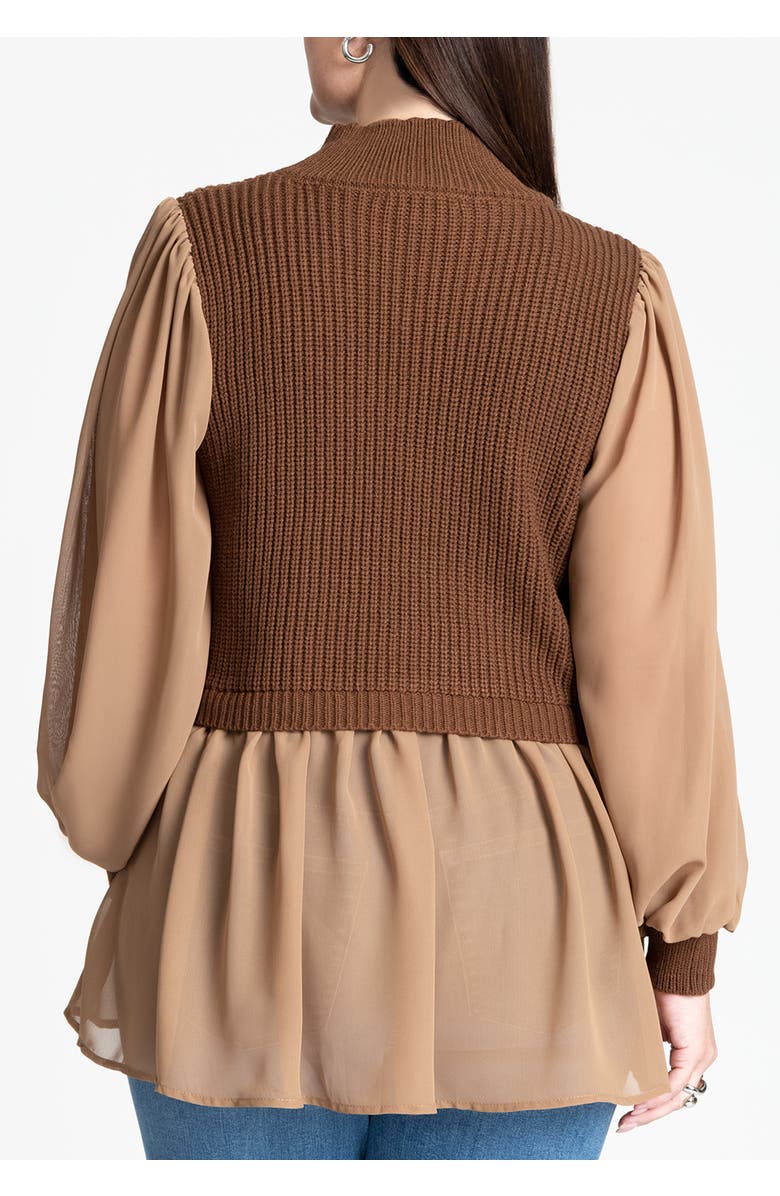 ELOQUII Twofer Sweater With Chiffon, Alternate, color, Downtown Brown