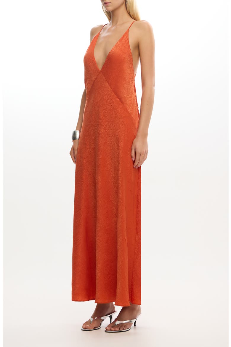 Arielle Plunge Back Crushed Satin Maxi Slipdress, Alternate, color, RUST