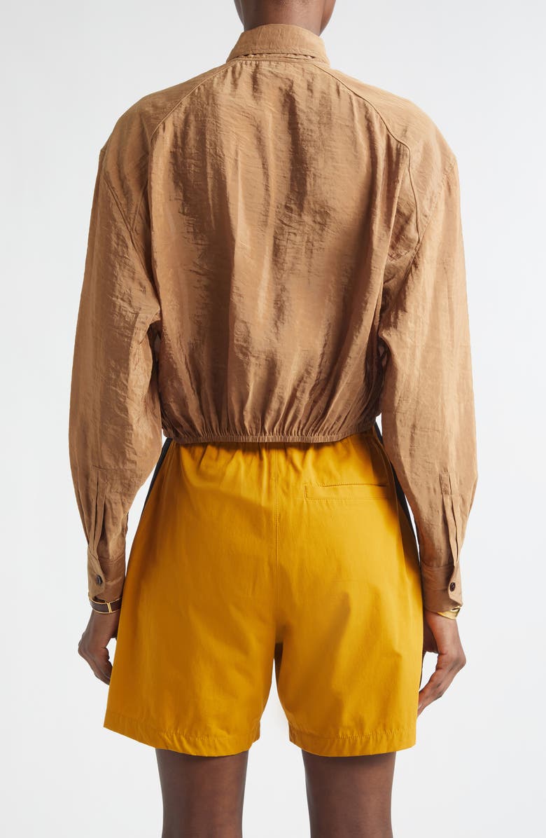 Saint Laurent Gathered Taffeta Tie Neck Top, Alternate, color, Caramel